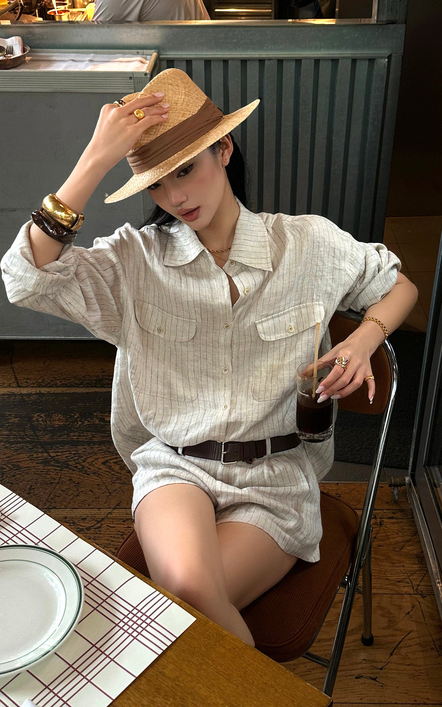 ROVENTE Pinstripe Linen Shirt and Shorts Set with Relaxed Fit and Tailored Detailing