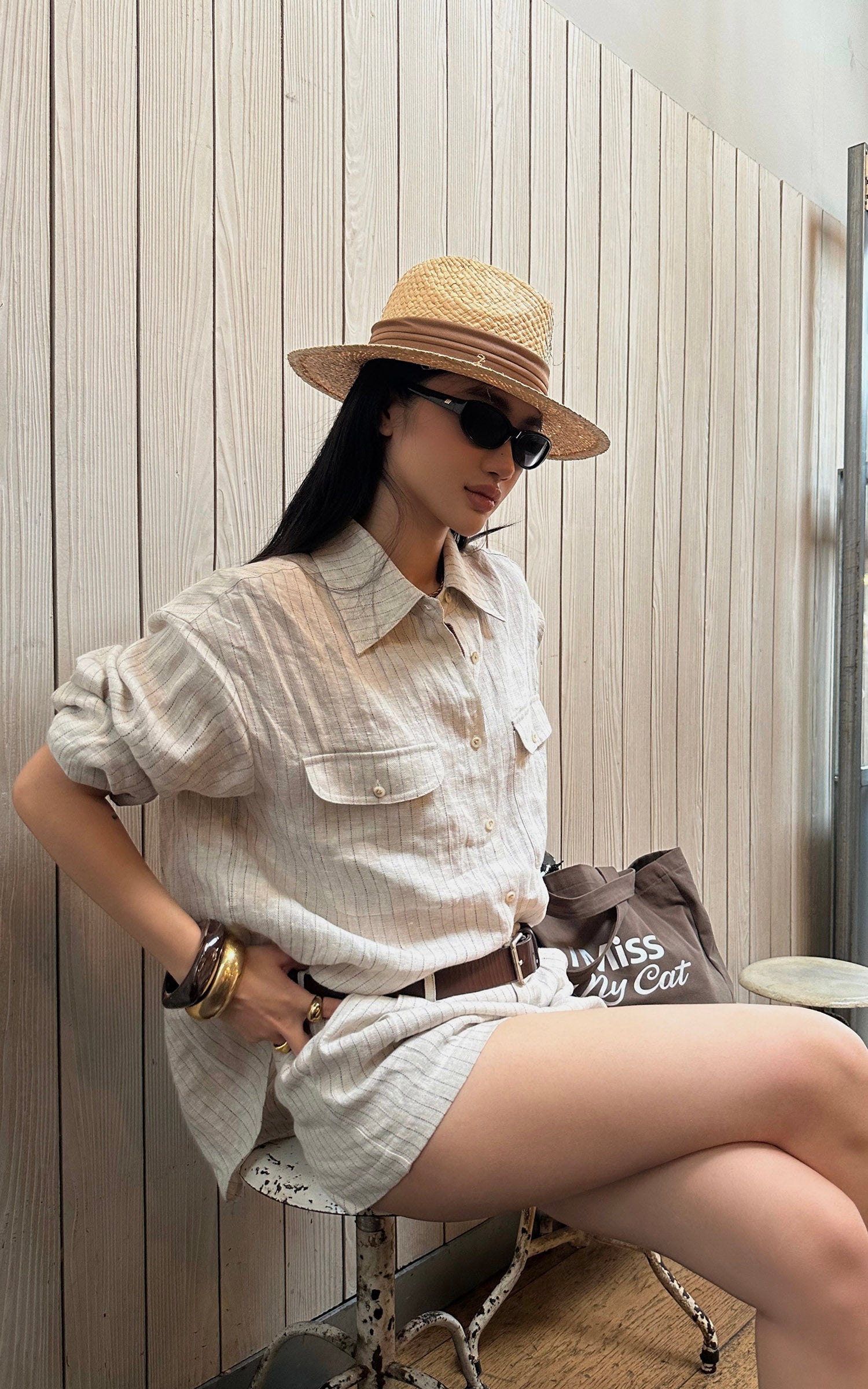 ROVENTE Pinstripe Linen Shirt and Shorts Set with Relaxed Fit and Tailored Detailing