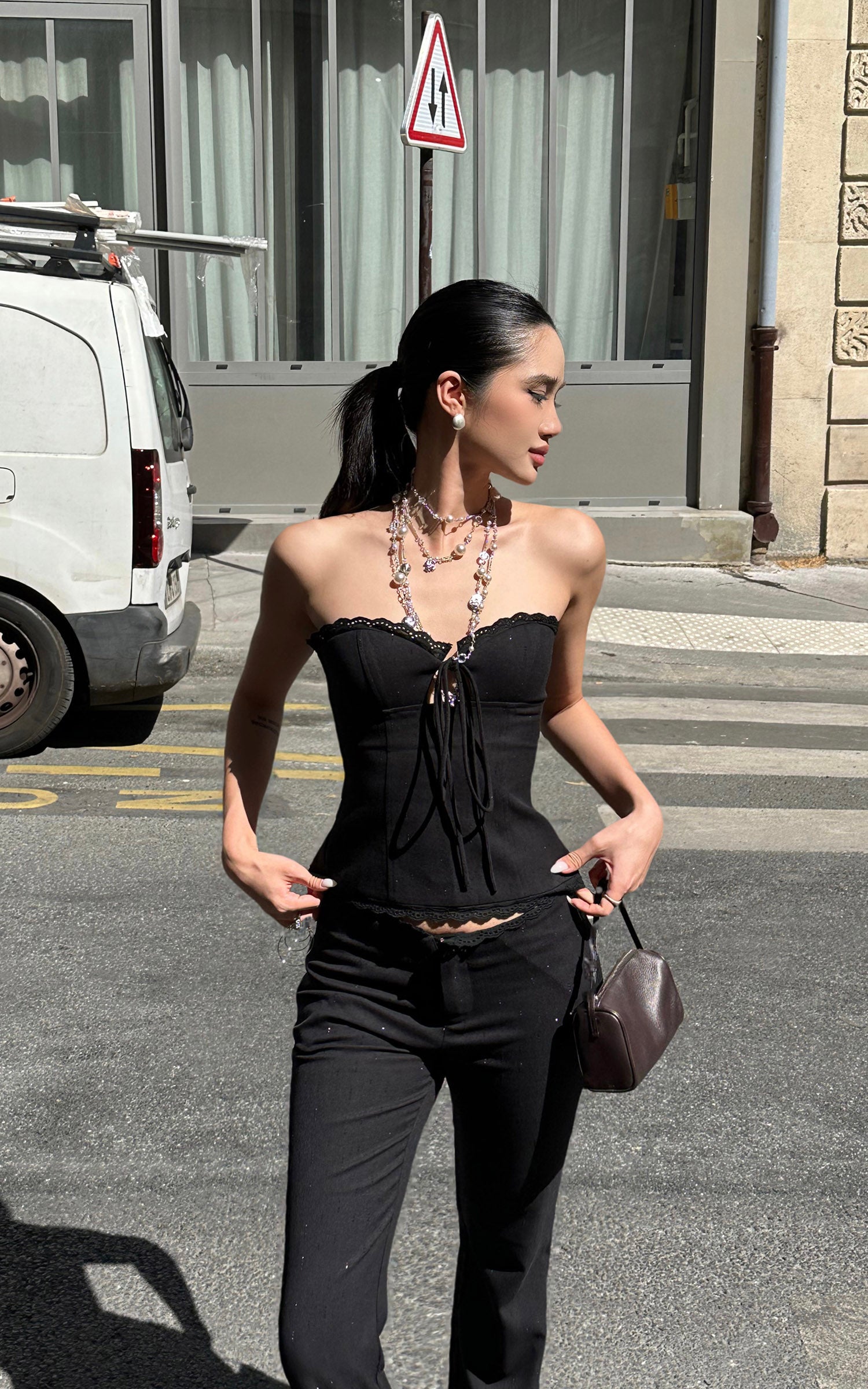 ROVENTE Lace Trim Corset Top and Flared Pants Set