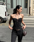 ROVENTE Lace Trim Corset Top and Flared Pants Set