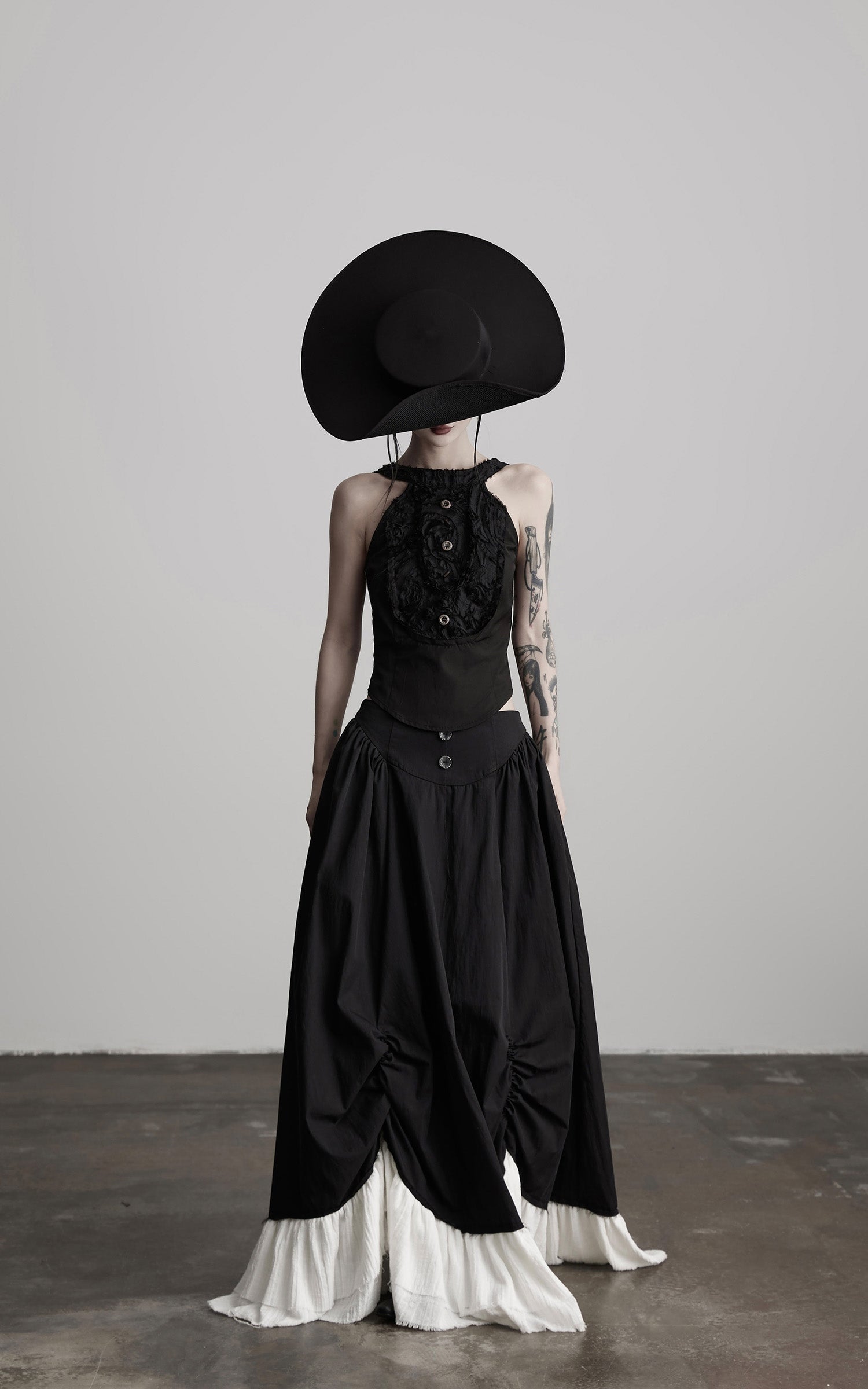 DOINDULGE Layered Contrast Hem Skirt with Gathered Draping and Buttoned High Waist