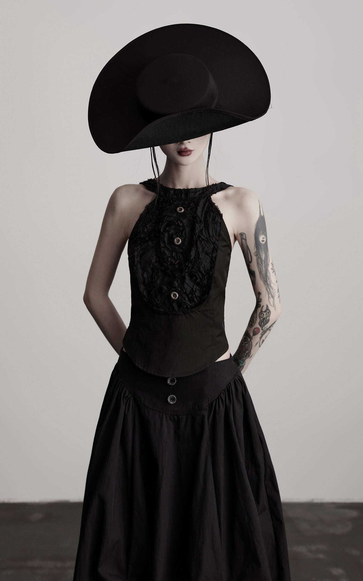 DOINDULGE Distressed Textured Halter Top with Sculptural Button Detail
