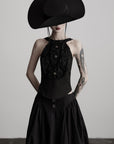 DOINDULGE Distressed Textured Halter Top with Sculptural Button Detail