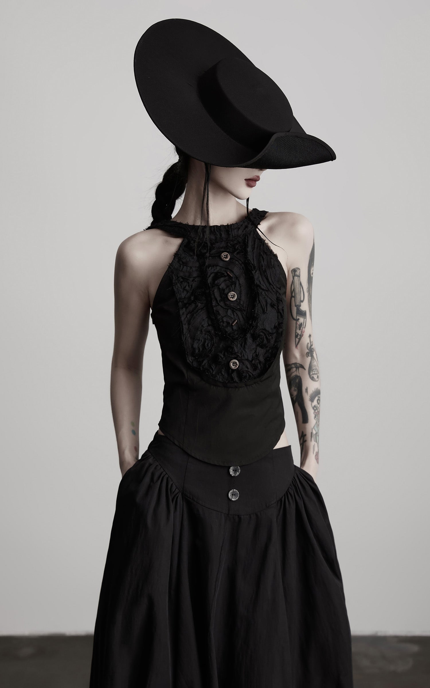 DOINDULGE Distressed Textured Halter Top with Sculptural Button Detail