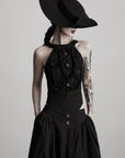 DOINDULGE Distressed Textured Halter Top with Sculptural Button Detail