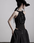DOINDULGE Distressed Textured Halter Top with Sculptural Button Detail