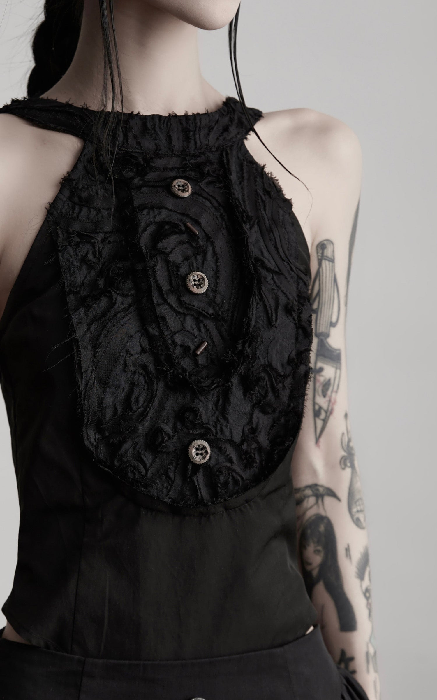 DOINDULGE Distressed Textured Halter Top with Sculptural Button Detail