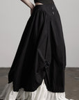 DOINDULGE Layered Contrast Hem Skirt with Gathered Draping and Buttoned High Waist