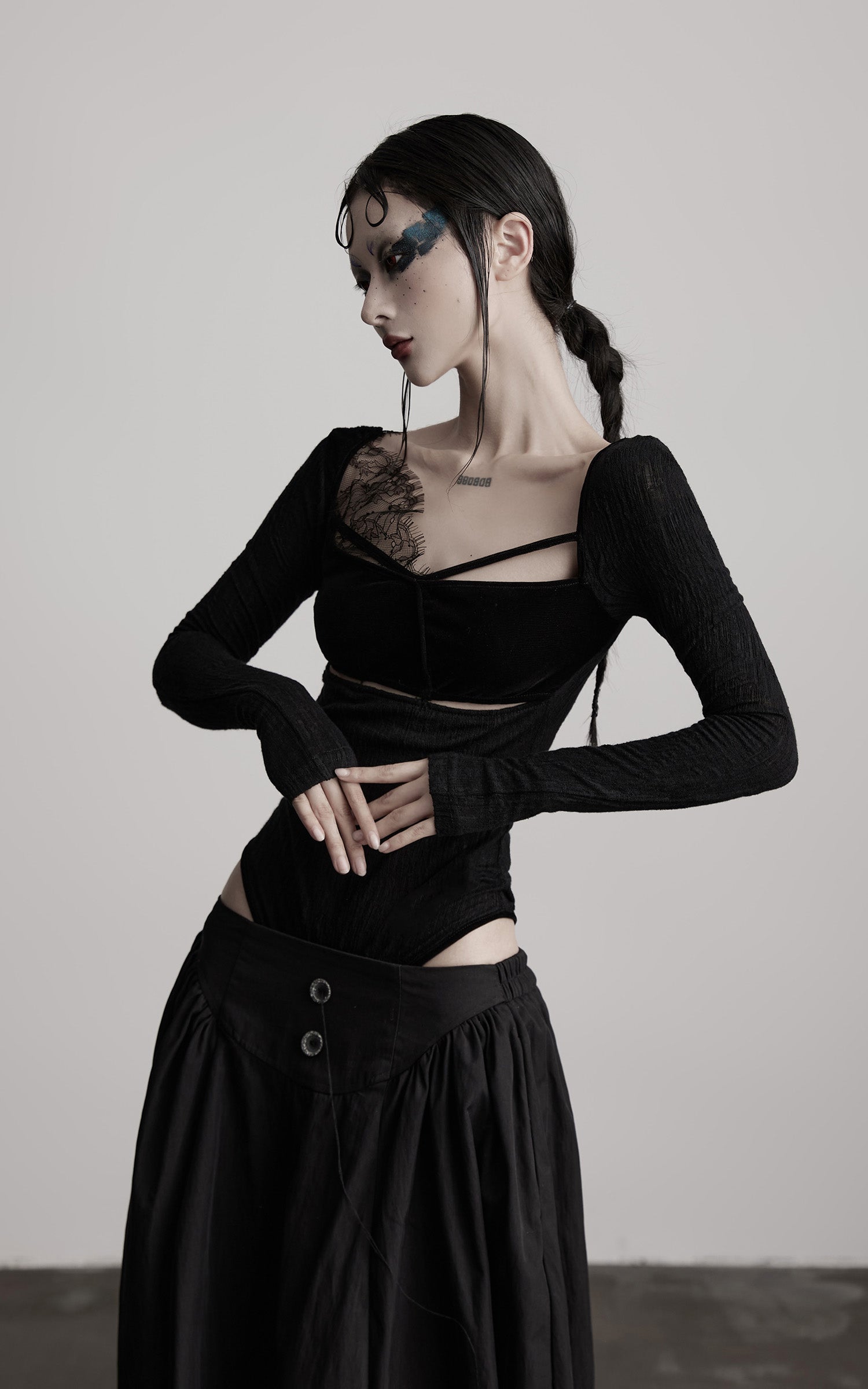 DOINDULGE Cutout Lace Detail Long Sleeve Top