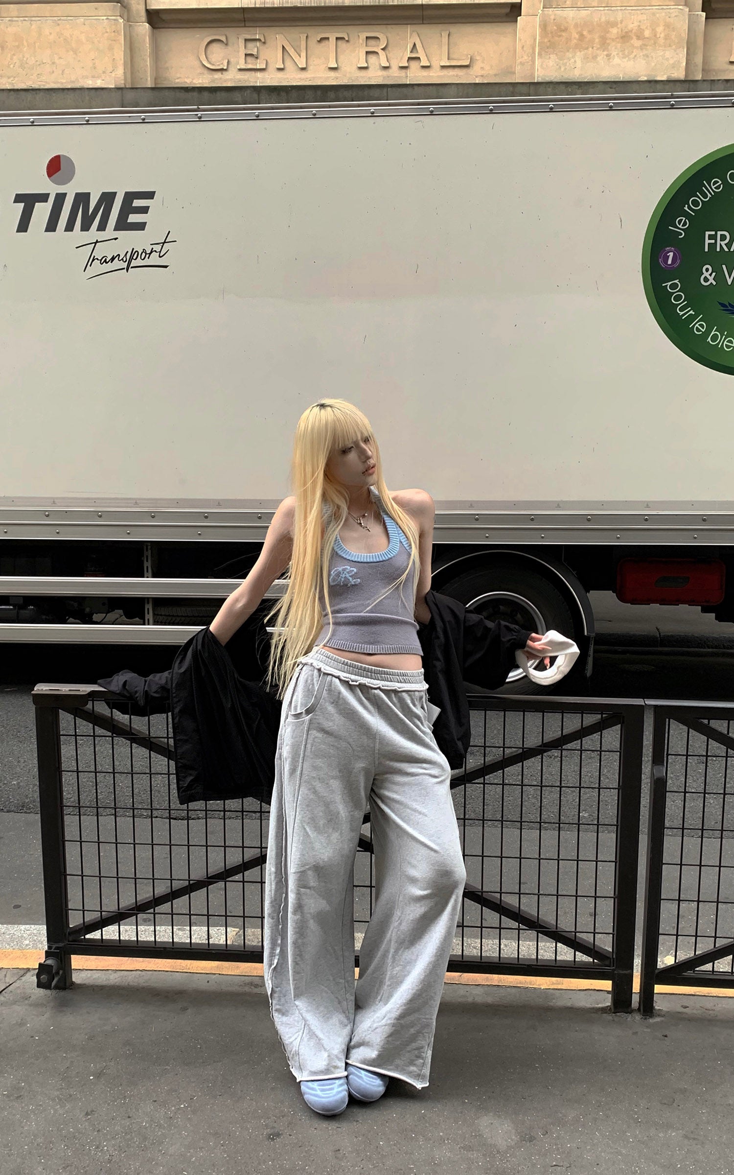 Rase le sol Ruffled Waist Wide-Leg Sweatpants in Heather Grey