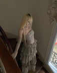 Rase le sol Tiered Lace-Panel Bustier Dress with Sheer Gloves