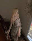 Rase le sol Tiered Lace-Panel Bustier Dress with Sheer Gloves