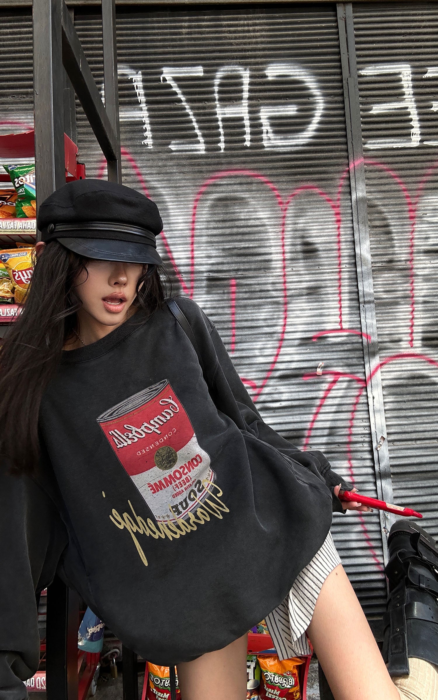 WARDEN EDGE Oversized Graphic Sweatshirt with Vintage Campbell Print and Strap Hem Detail