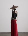 DOINDULGE Red Pleated Wide-Leg Skirt with Geometric Woven Waistband and Statement Buckle