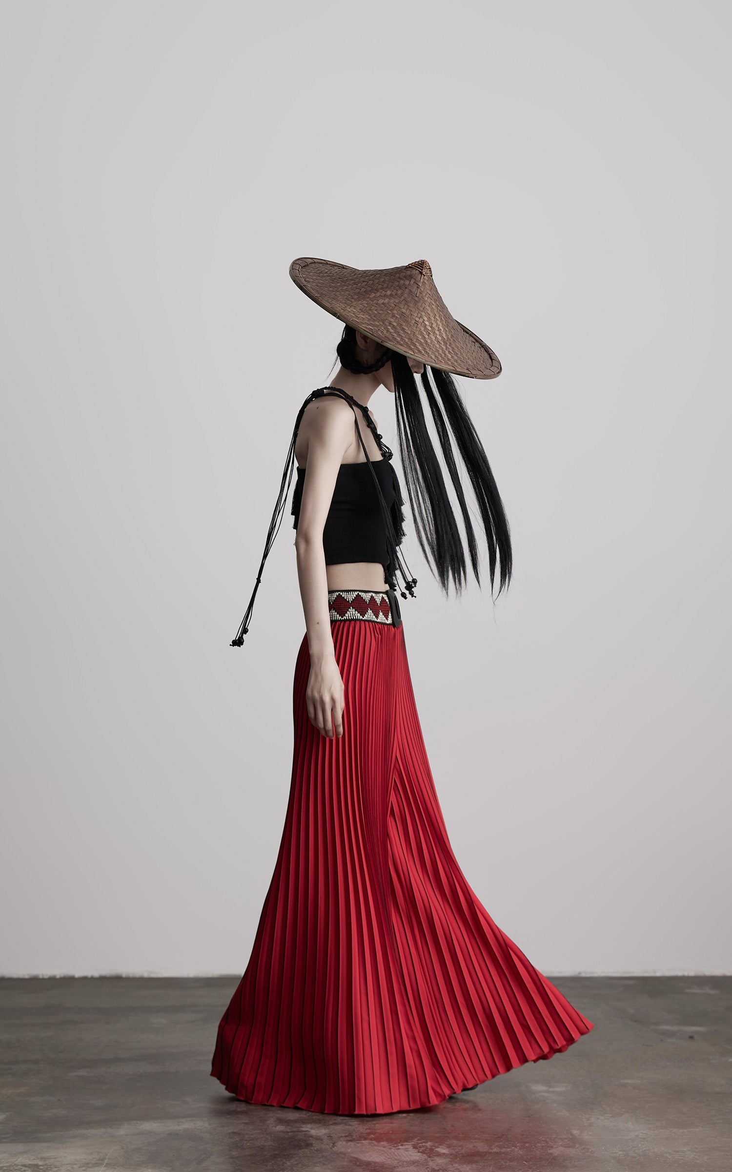 DOINDULGE Red Pleated Wide-Leg Skirt with Geometric Woven Waistband and Statement Buckle