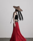 DOINDULGE Red Pleated Wide-Leg Skirt with Geometric Woven Waistband and Statement Buckle