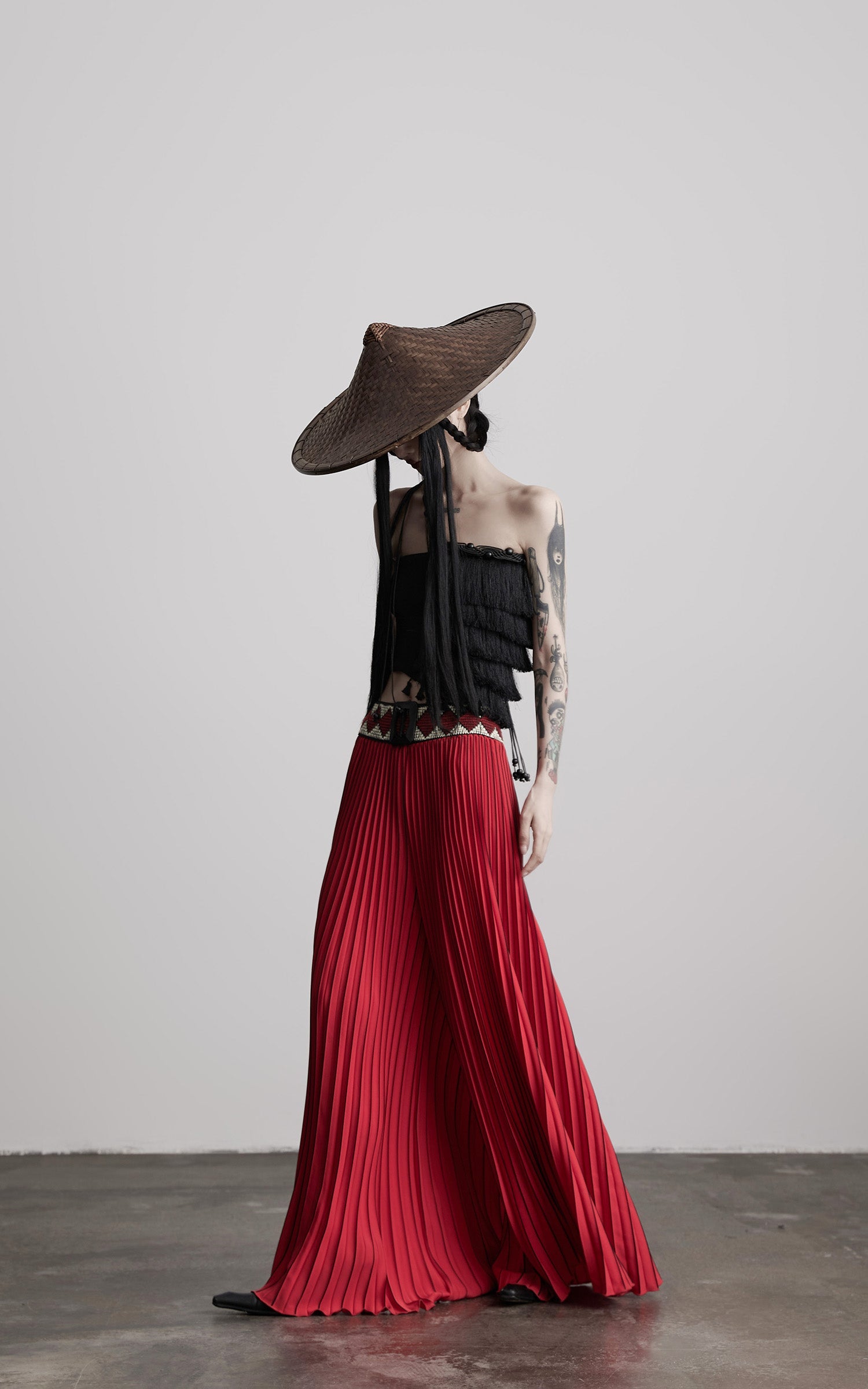 DOINDULGE Red Pleated Wide-Leg Skirt with Geometric Woven Waistband and Statement Buckle
