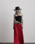 DOINDULGE Red Pleated Wide-Leg Skirt with Geometric Woven Waistband and Statement Buckle