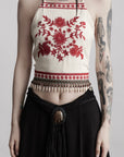 DOINDULGE Embroidered Halter Top with Floral Motif and Beaded Hem Detailing