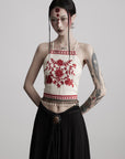 DOINDULGE Embroidered Halter Top with Floral Motif and Beaded Hem Detailing