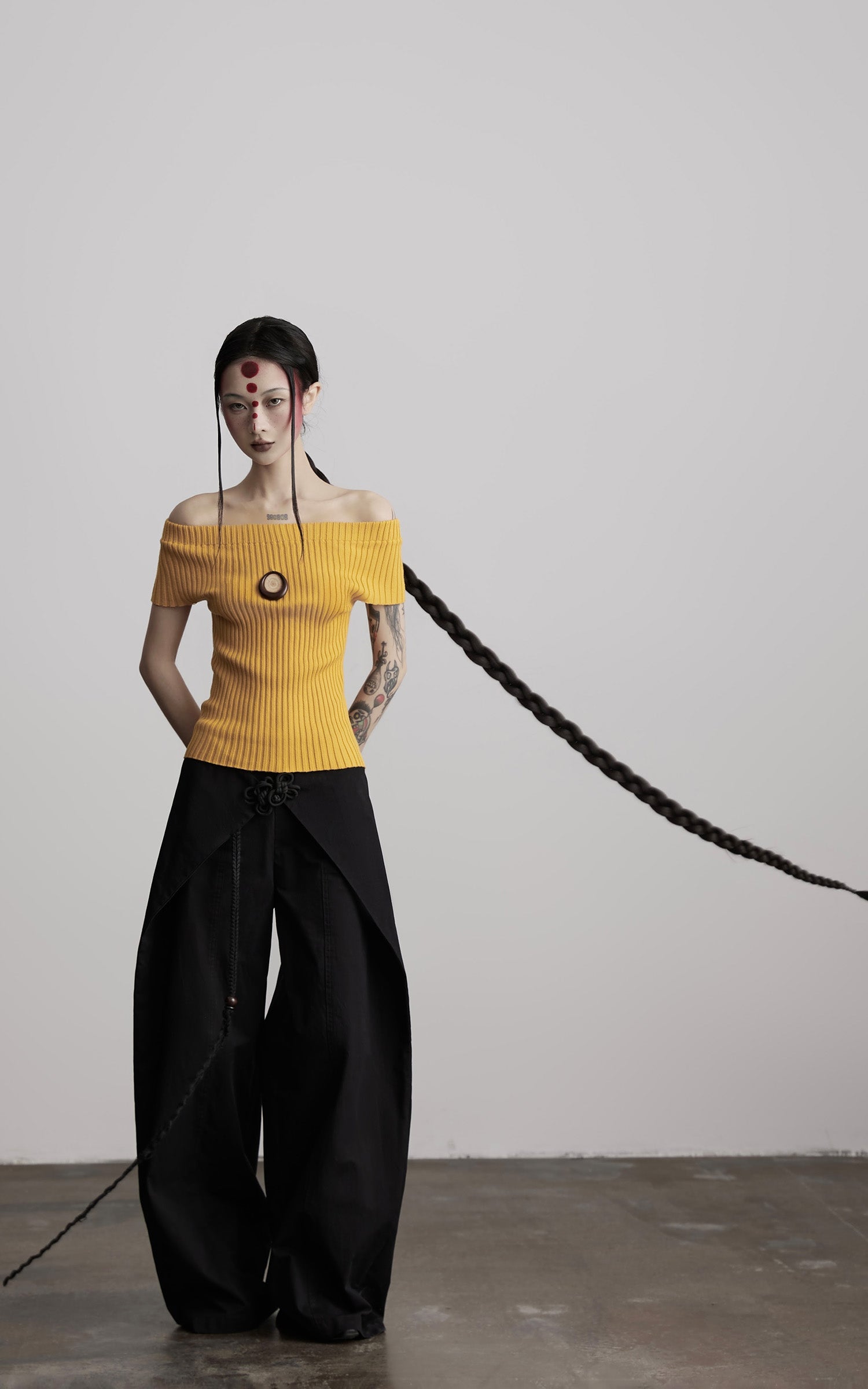 DOINDULGE Wide-Leg Wrap Pants with Knot Button and Beaded Tassel Detail