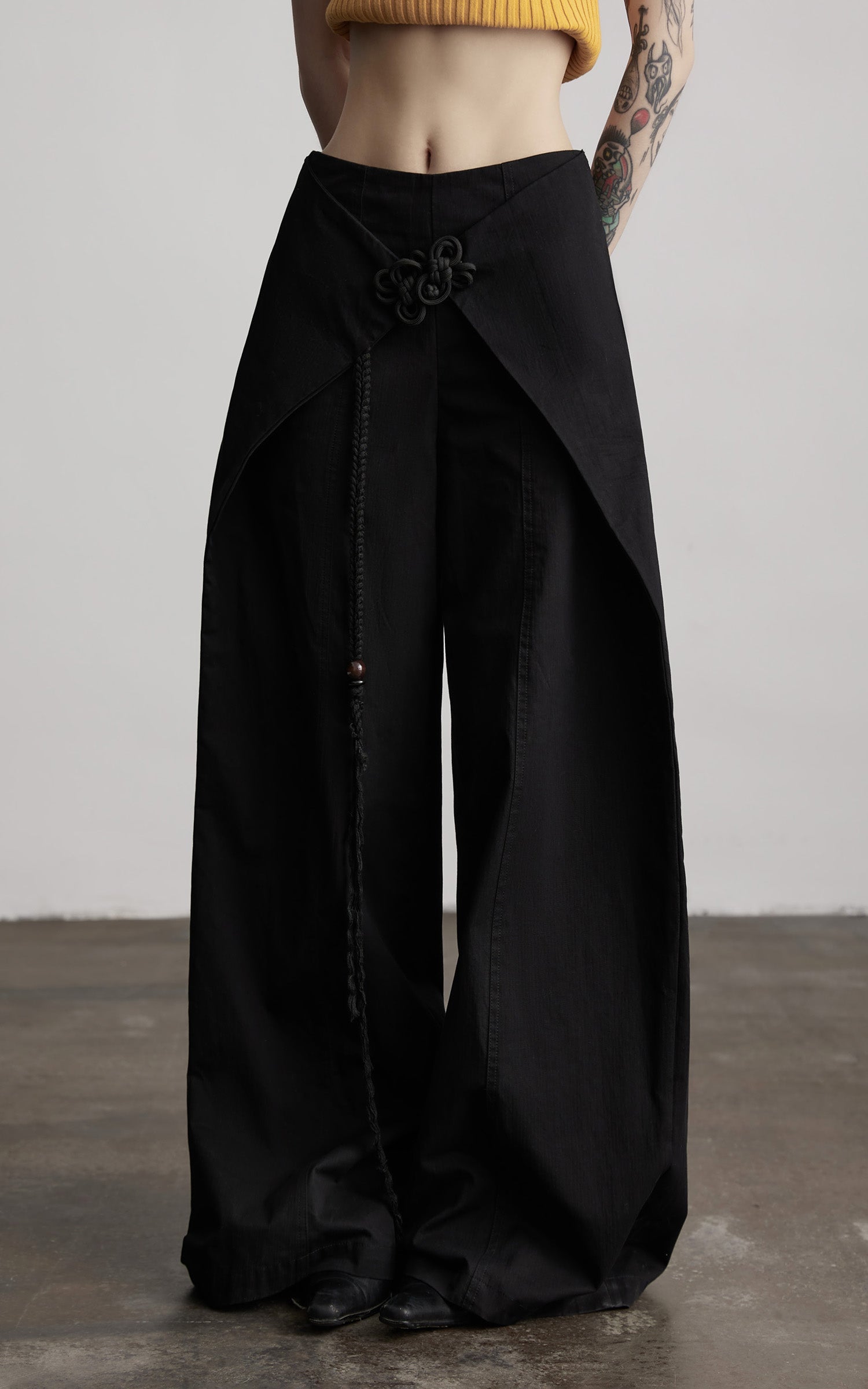 DOINDULGE Wide-Leg Wrap Pants with Knot Button and Beaded Tassel Detail