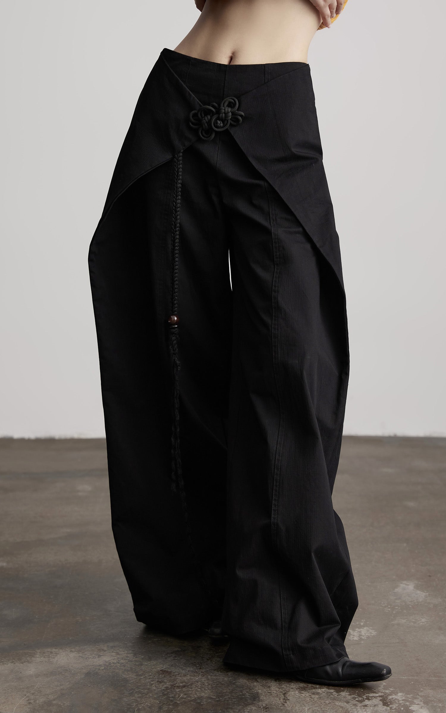 DOINDULGE Wide-Leg Wrap Pants with Knot Button and Beaded Tassel Detail