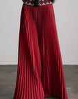 DOINDULGE Red Pleated Wide-Leg Skirt with Geometric Woven Waistband and Statement Buckle