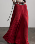DOINDULGE Red Pleated Wide-Leg Skirt with Geometric Woven Waistband and Statement Buckle