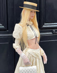 Rase le sol Cropped Puff-Sleeve Shirt with Pleated Front and Rosette Tie