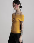 DOINDULGE Off-Shoulder Ribbed Knit Top with Wooden Medallion Detail