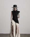 DOINDULGE Asymmetric Textured Sleeveless Top with Frayed and Beaded Detailing