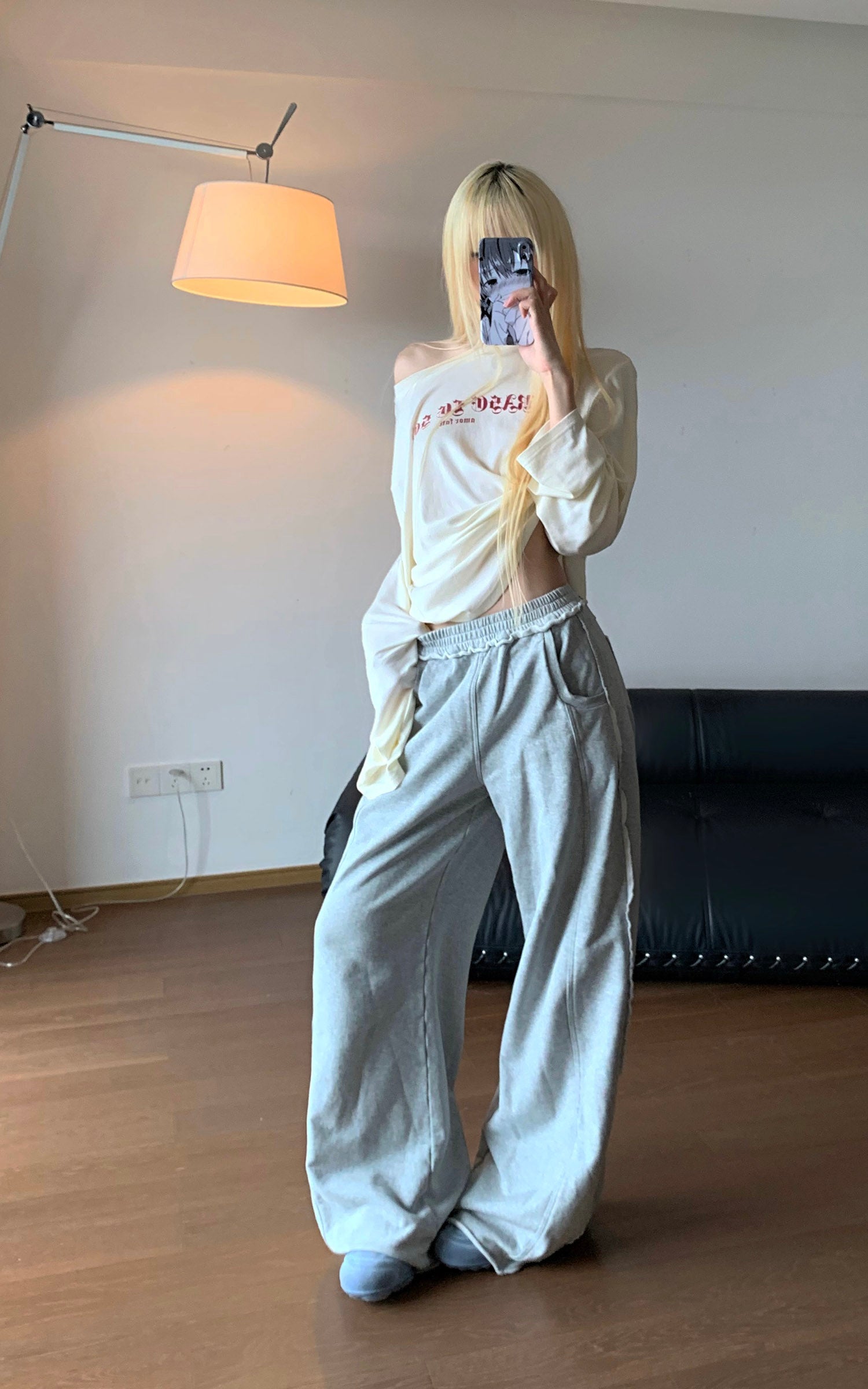 Rase le sol Ruffled Waist Wide-Leg Sweatpants in Heather Grey