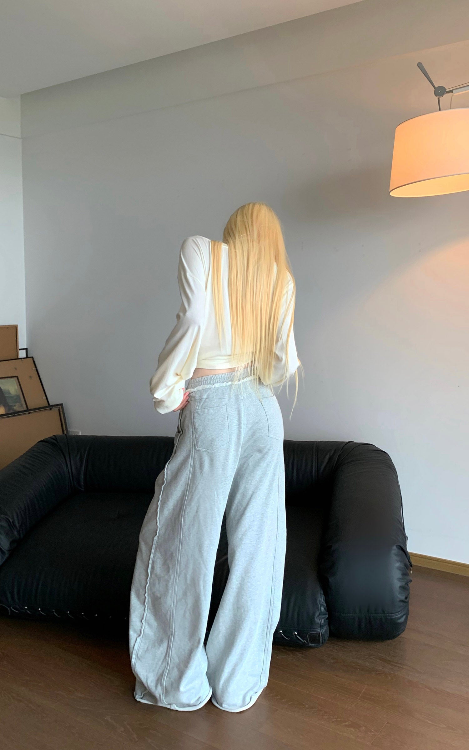 Rase le sol Ruffled Waist Wide-Leg Sweatpants in Heather Grey