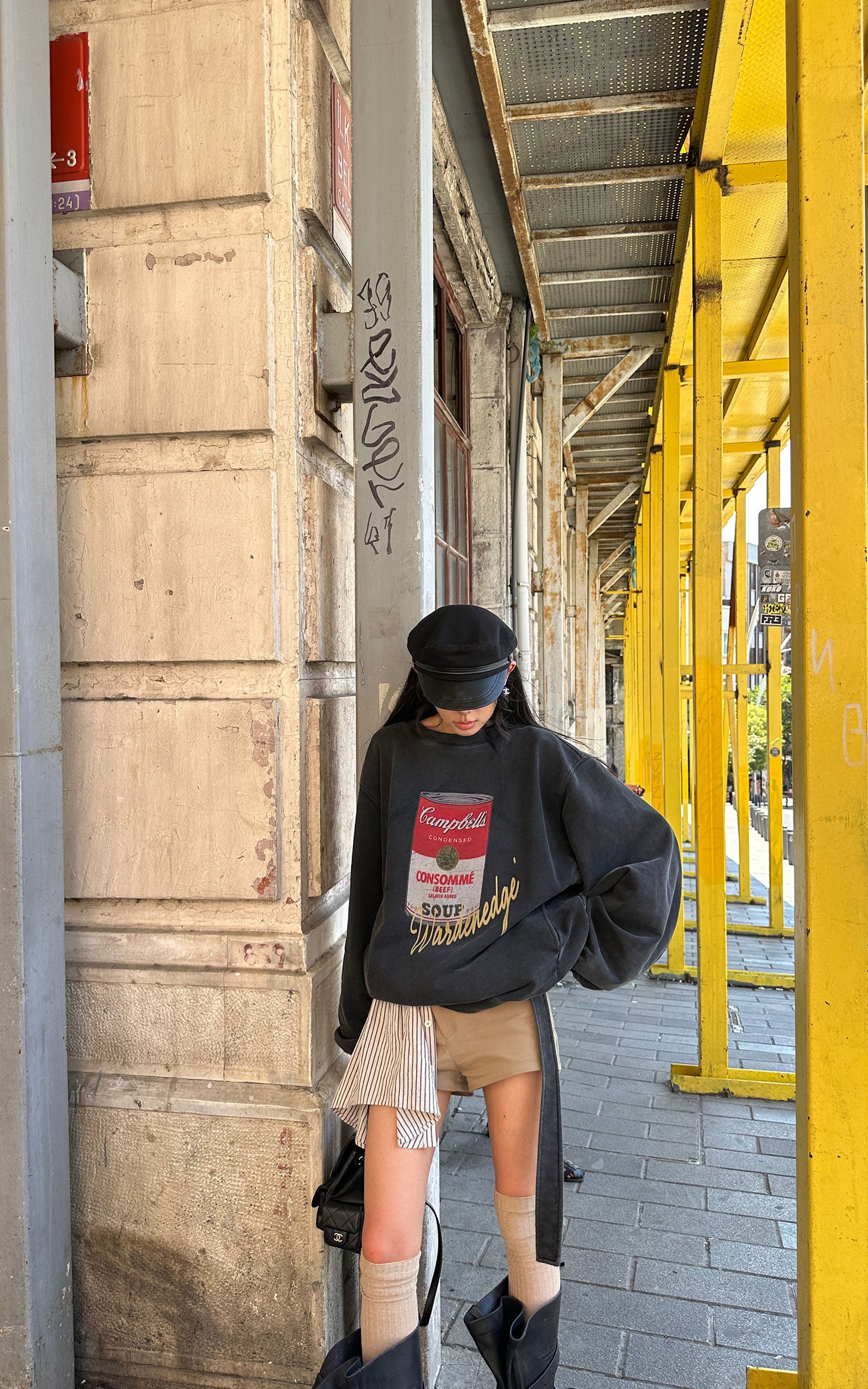 WARDEN EDGE Oversized Graphic Sweatshirt with Vintage Campbell Print and Strap Hem Detail