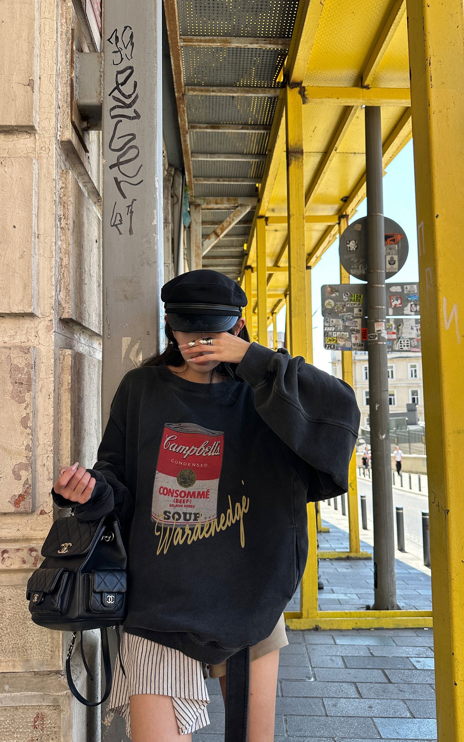 WARDEN EDGE Oversized Graphic Sweatshirt with Vintage Campbell Print and Strap Hem Detail