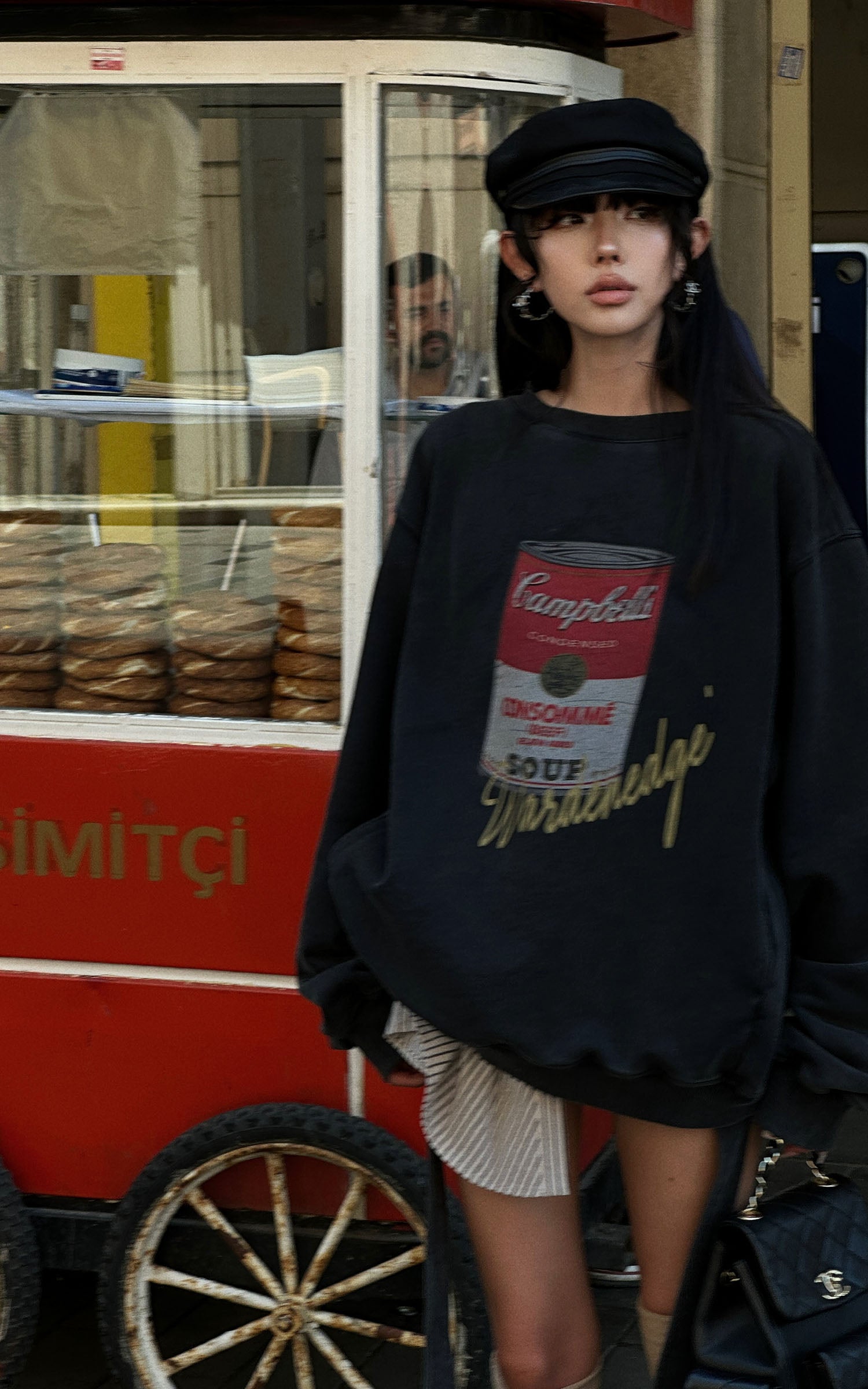 WARDEN EDGE Oversized Graphic Sweatshirt with Vintage Campbell Print and Strap Hem Detail