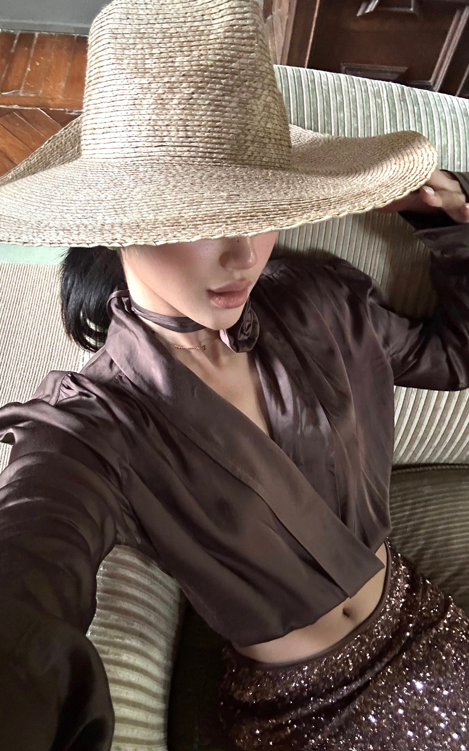 ROVENTE Draped Satin Crop Blouse with Removable Rose Choker