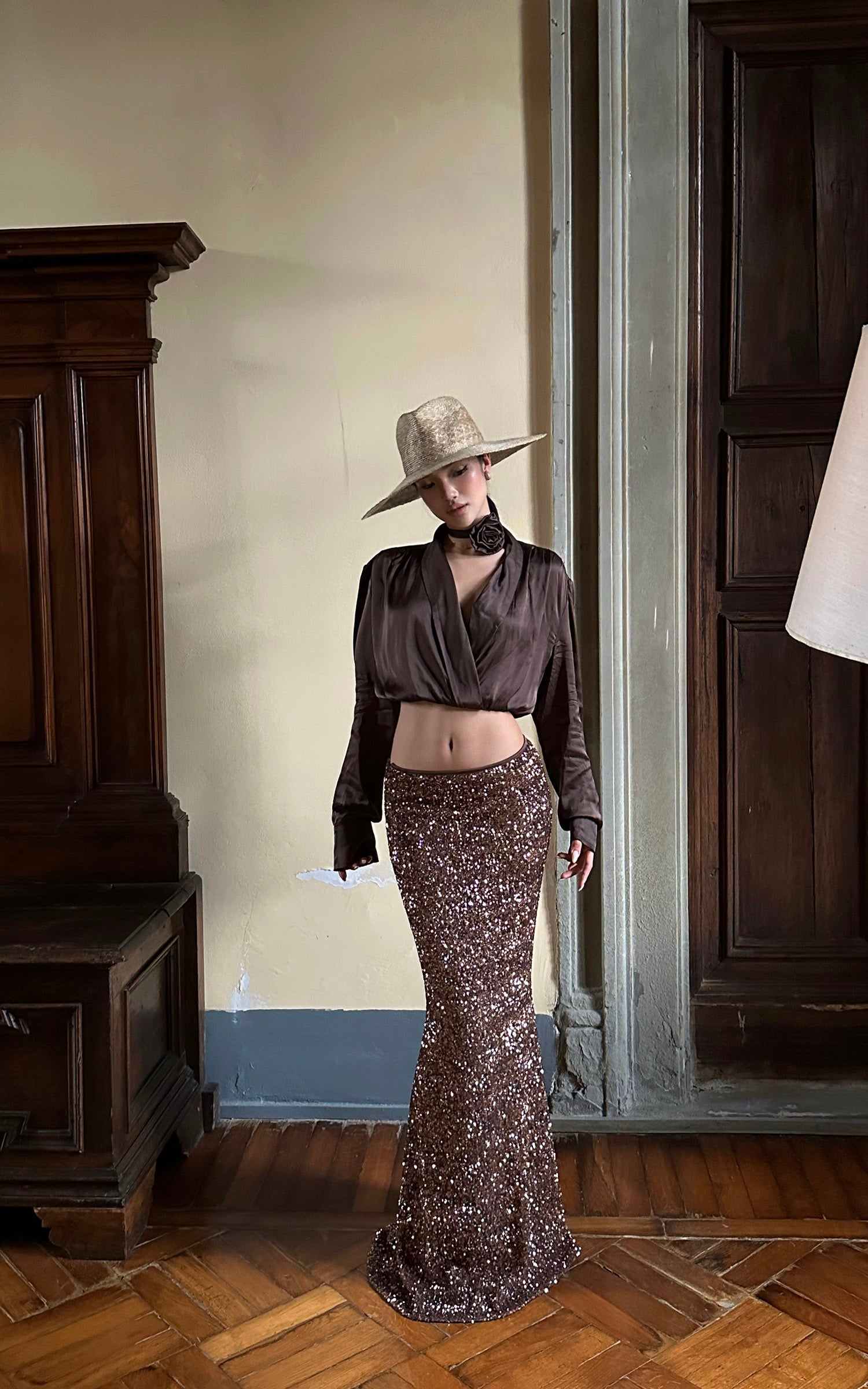ROVENTE Sequin Mermaid Maxi Skirt with High Waist and Body-Hugging Silhouette