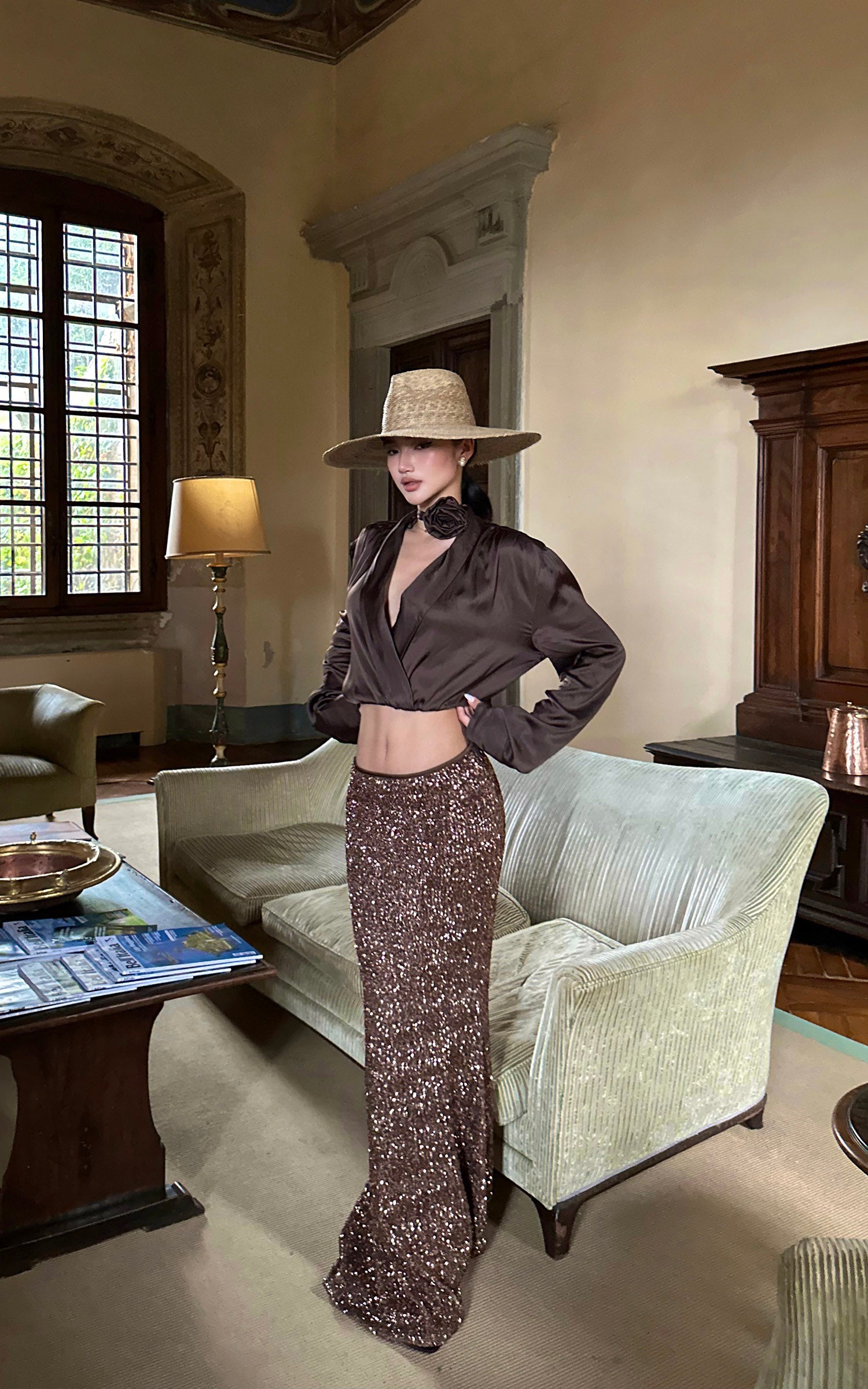 ROVENTE Sequin Mermaid Maxi Skirt with High Waist and Body-Hugging Silhouette