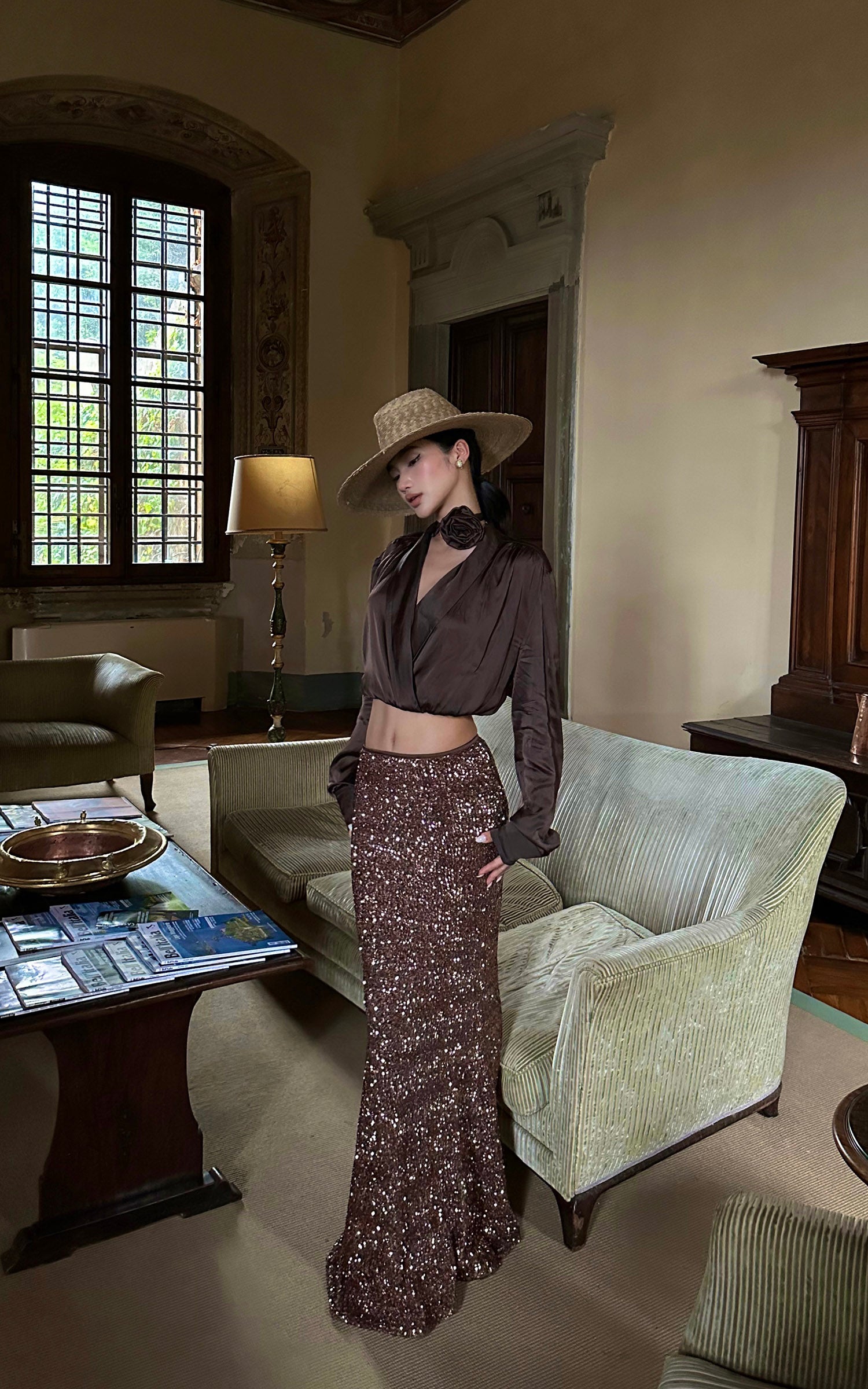 ROVENTE Sequin Mermaid Maxi Skirt with High Waist and Body-Hugging Silhouette