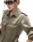 IAMXIAA Studded Utility Shirt – Military Chic Button Down with Epaulette Detail