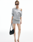 IAMXIAA Striped Off-Shoulder Mini Dress with Statement Print