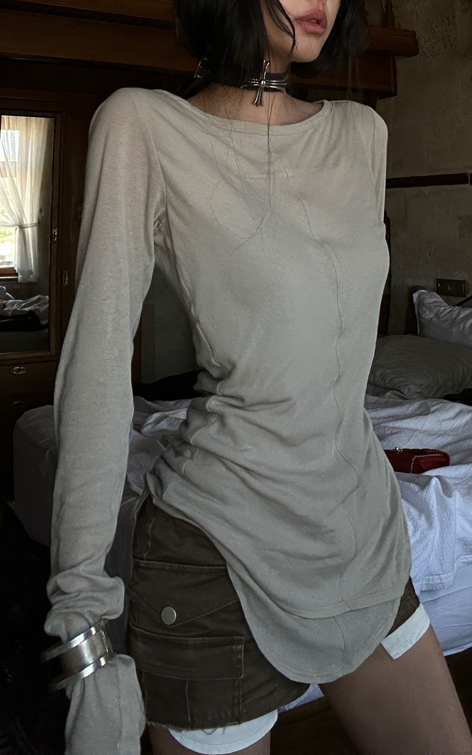 WARDEN EDGE Asymmetric Long Sleeve T-Shirt with Raw Edge Details