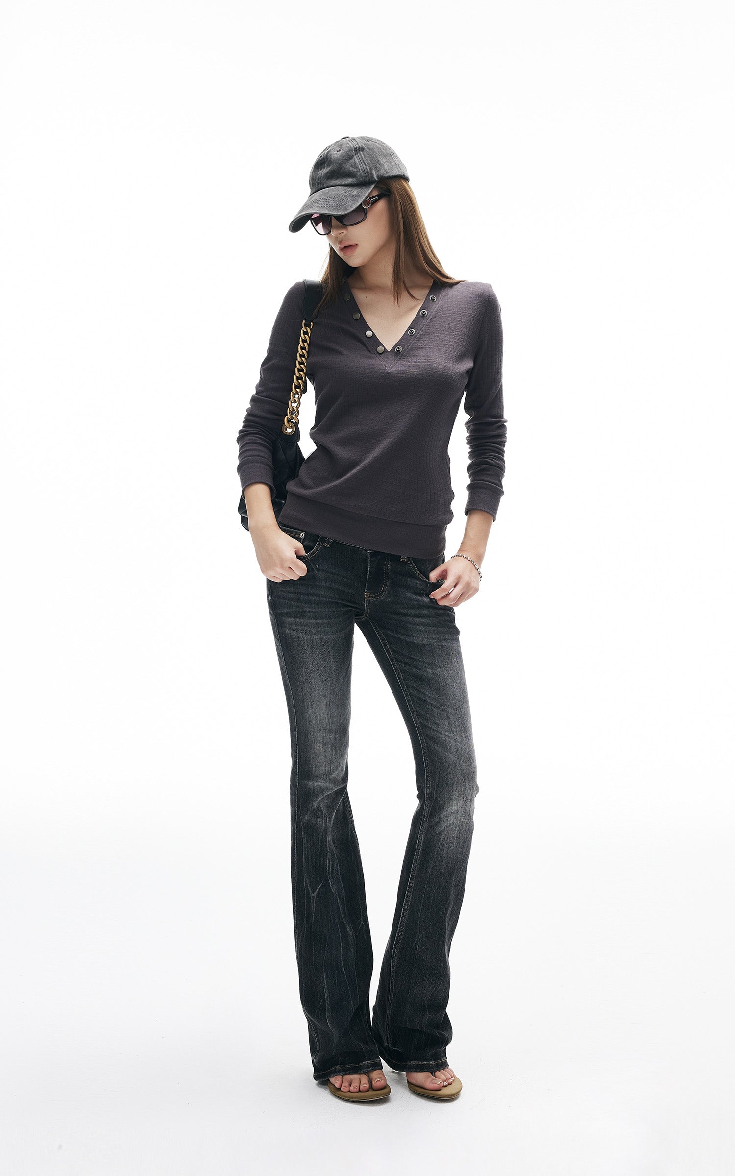 IAMXIAA V-Neck Long Sleeve Top with Button Detail