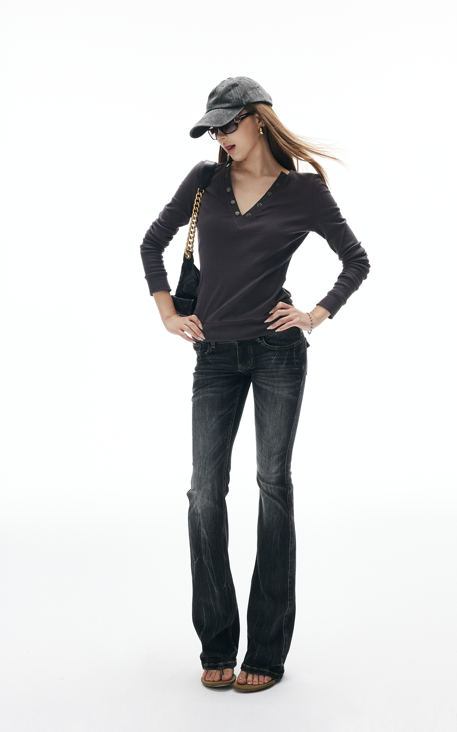 IAMXIAA V-Neck Long Sleeve Top with Button Detail