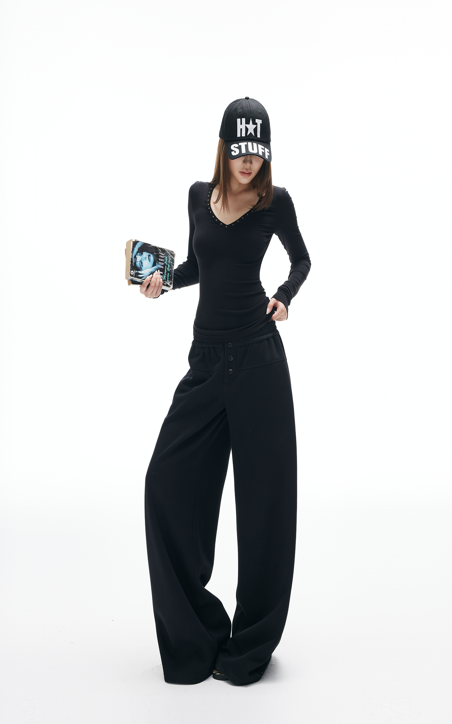 IAMXIAA ボタン付きワイドレッグスウェットパンツ、リラックスフィット