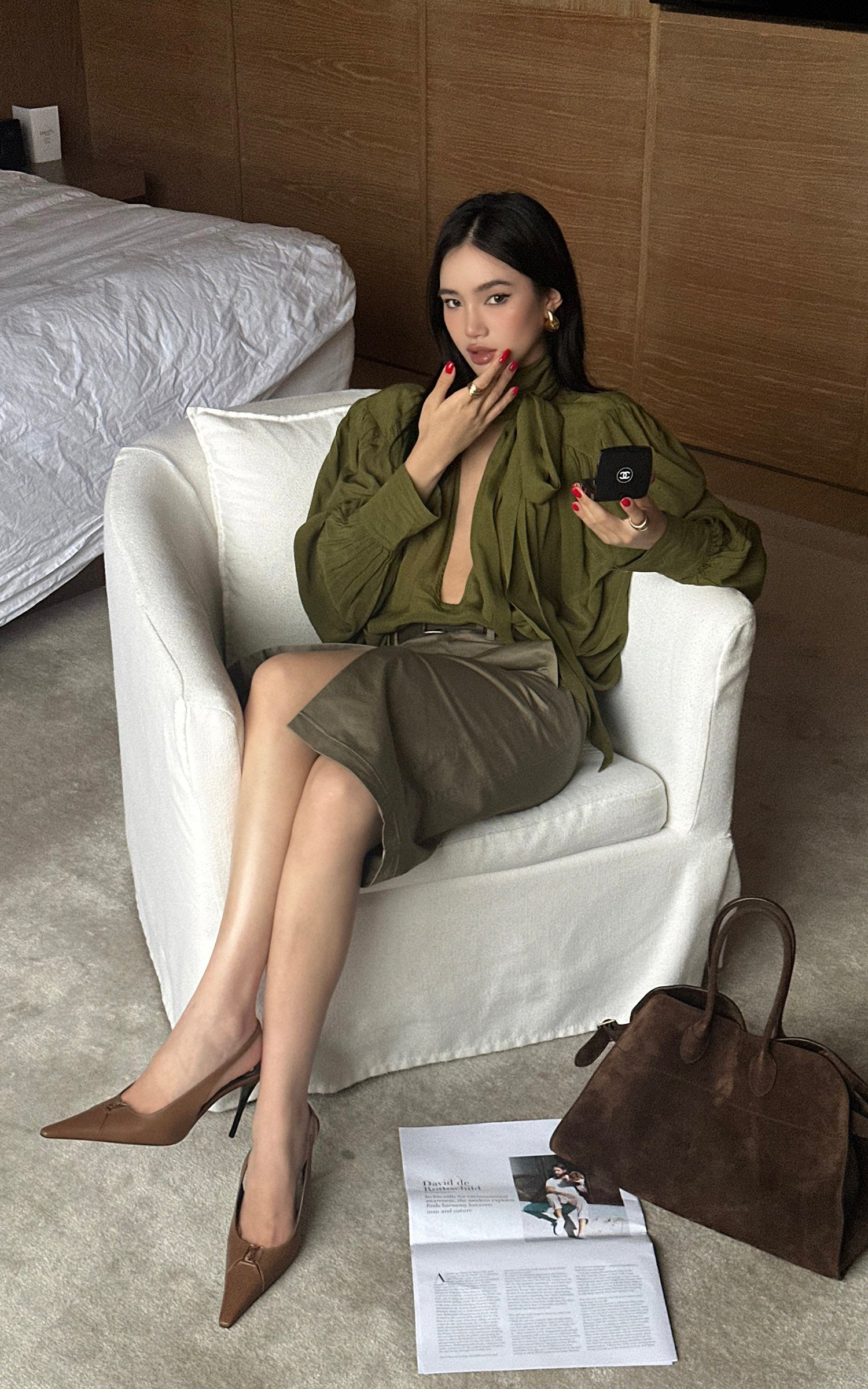 ROVENTE Draped Deep V-Neck Blouse with Tie Collar and Billowy Sleeves