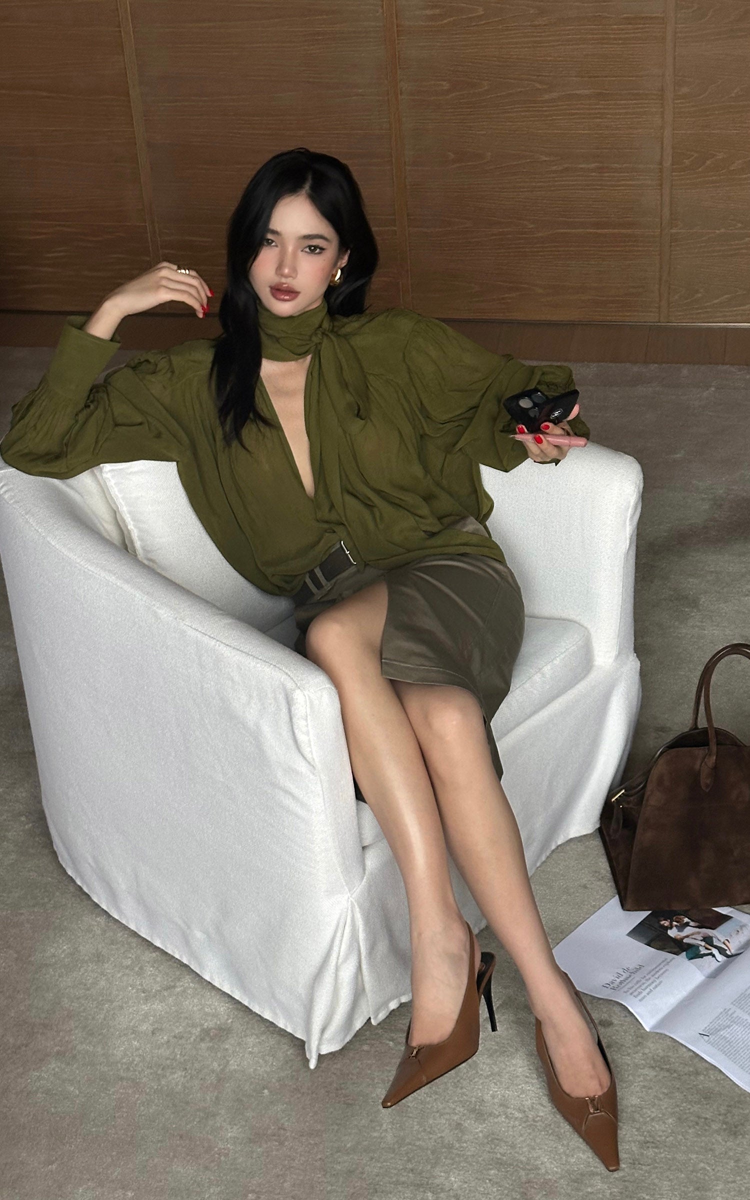 ROVENTE Draped Deep V-Neck Blouse with Tie Collar and Billowy Sleeves