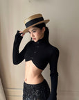 ROVENTE Cropped Knit Cardigan with High Neck and Button Closure